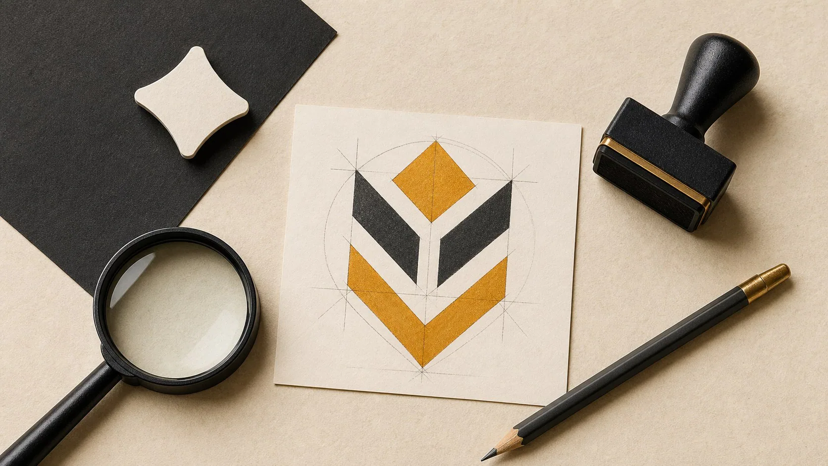 Editorial brand clearance board with an AI prompt card, refined logo sketch and CIPC search markers